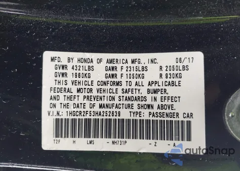 2017 Honda Accord Sport z USA, uszkodzony, nr VIN 1HGCR2F53HA252639
